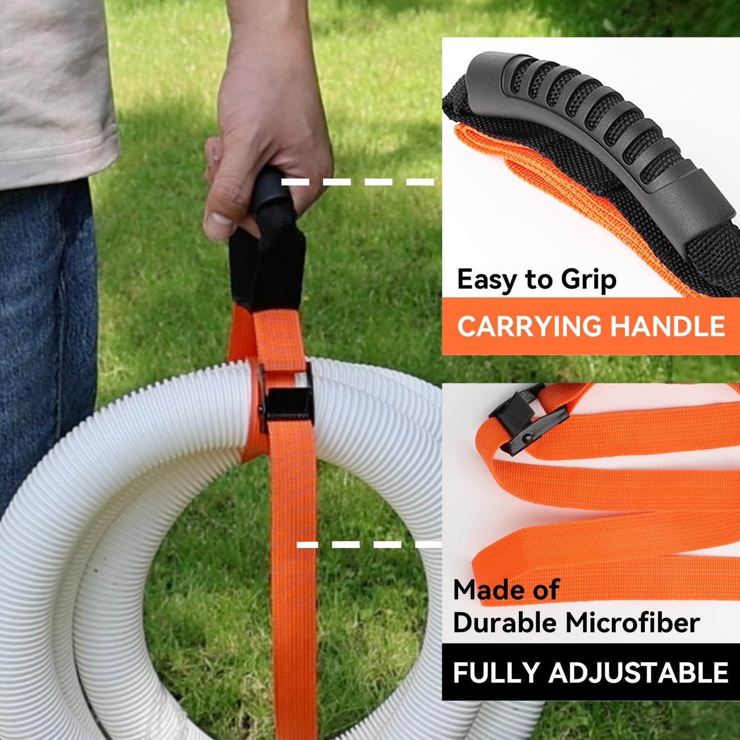 HUDLL Heavy Duty Storage Straps with Handle(2 Pack) for Cables, Ropes and Hoses, Extension Cord Organizer with Handle and Easy Adjustable Steel Black Lock Slider Buckles for Pool Hoses, Garden Hoses.