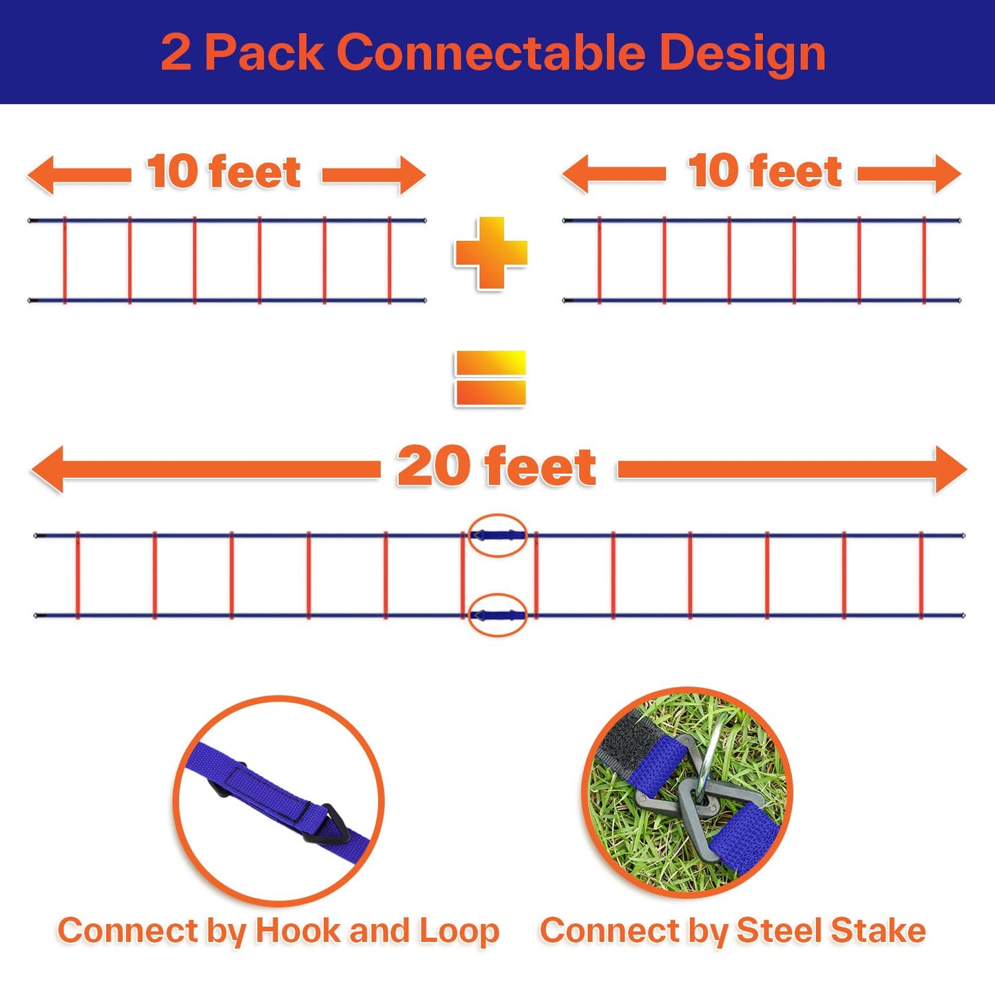 Sportneer Agility Ladder Speed Training Set 12 Rungs 20ft Detachable Exercise Ladders in 2pcs (6 rungs Each) with Ground Stakes for Soccer Football Footwork Training Ladder with Carry Bag (Orange)