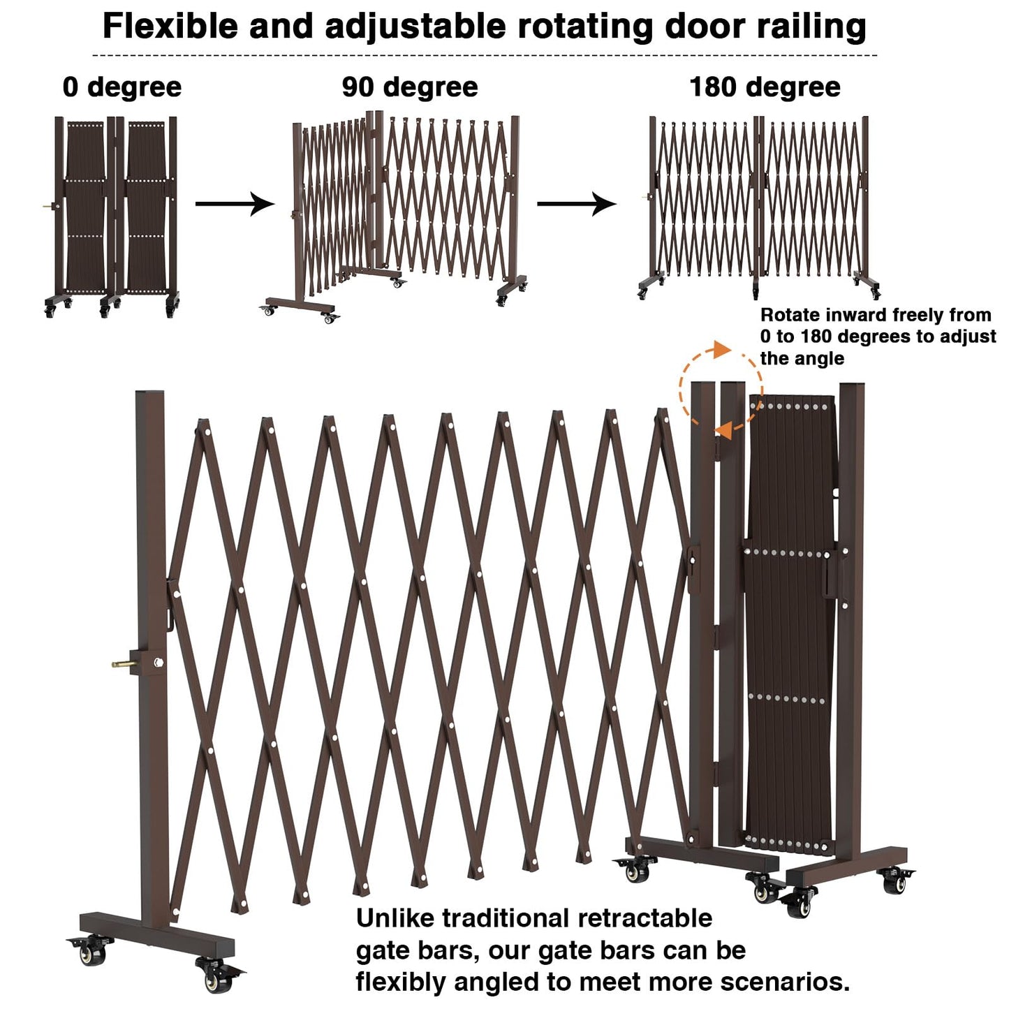 THEYFIRST Expandable Driveway Gate with Casters, Portable Metal Folding Security Gate, 209" Wide Aluminum Garden Fence, Outdoor Dog Fence for Yard in Coffee, 39.76 * 213