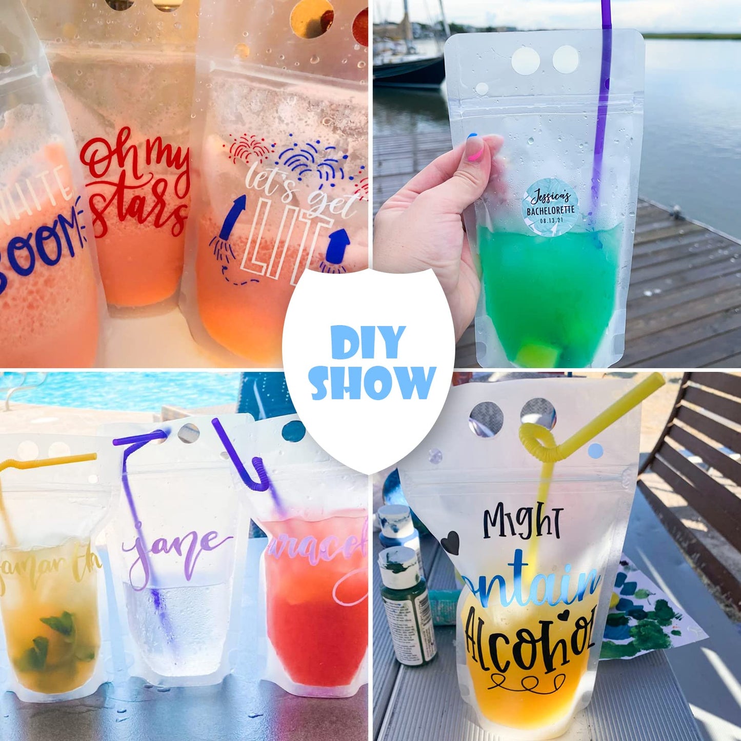 Ouddy 50 Pcs Drink Pouches, Juice Pouches for Adults, Reusable, Reclosable Zipper Smoothie Bags for Cold & Hot Drinks with 50 Straws & Silicone Funnel