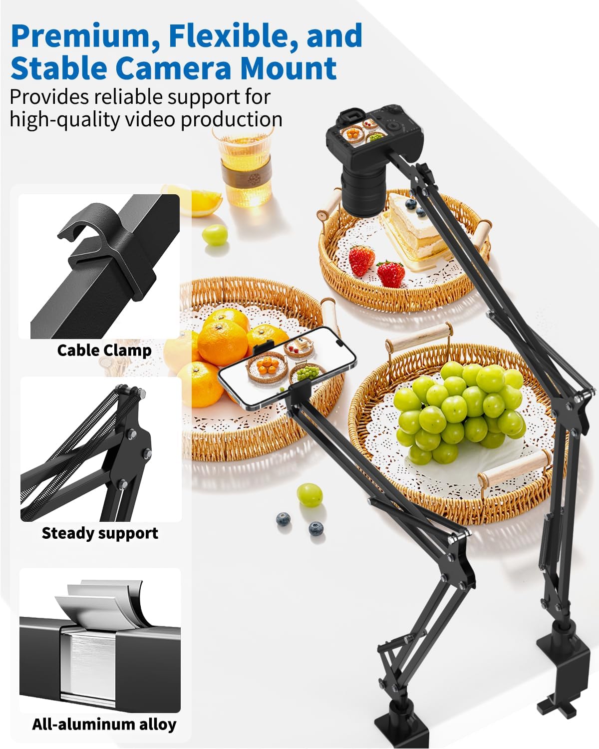 LILANZo 1/4" Overhead Camera Phone Mount, Desk Phone Stand for Recording, Phone Holder for Bed with Phone/Tablet/Mic