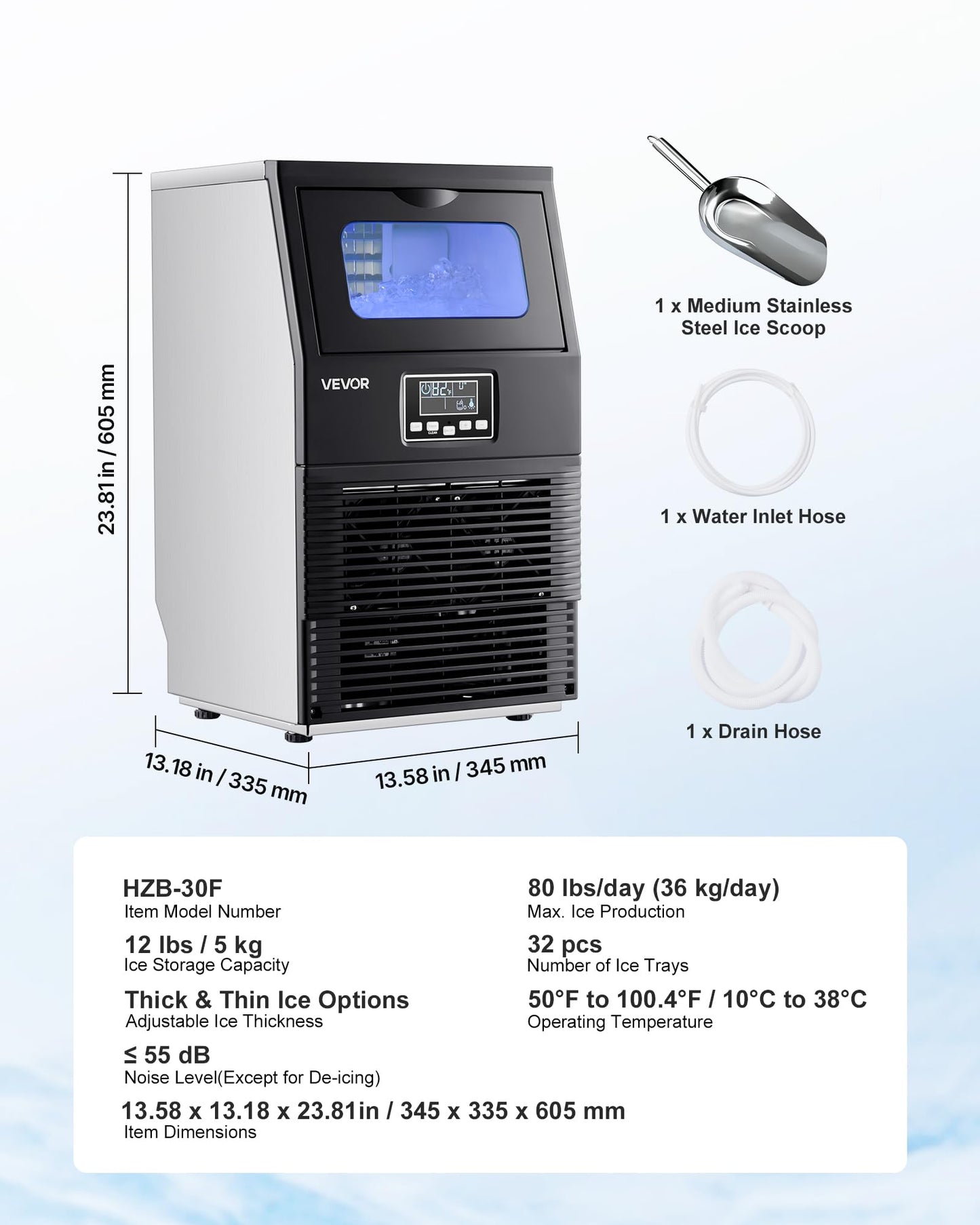 VEVOR Commercial Ice Maker Machine, 80 lbs/24h with 12Lbs Storage, 32 Cubes per Cycle, Stainless Steel Freestanding & Countertop Ice Maker with LED Display & Self-Cleaning, for Home Bar Restaurant