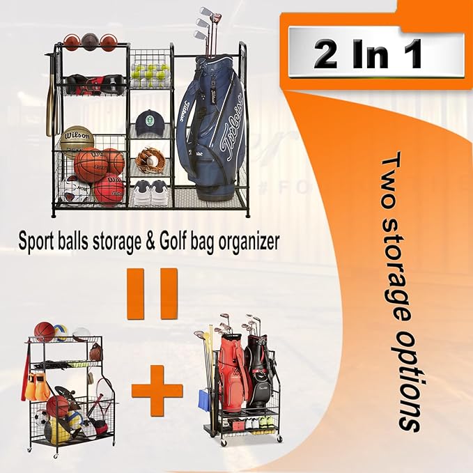 Garage Sports Equipment Organizer & Outdoor Toy Storage, Ball Storage Golf Organizer For Garage with Baskets, 5 Hooks