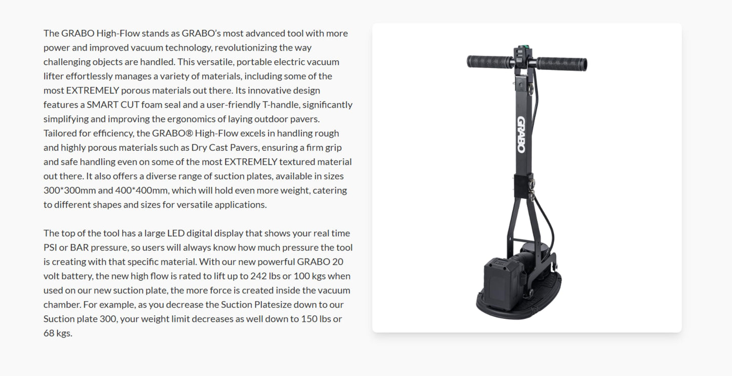 GRABO High-Flow Cordless Vacuum Lifter | 242 lbs Capacity | LED Pressure Display | Ergonomic Pistol Grip | SMART CUT Foam Seal | Lifts Porous Materials, Dry Cast Pavers | Pro Construction Tool