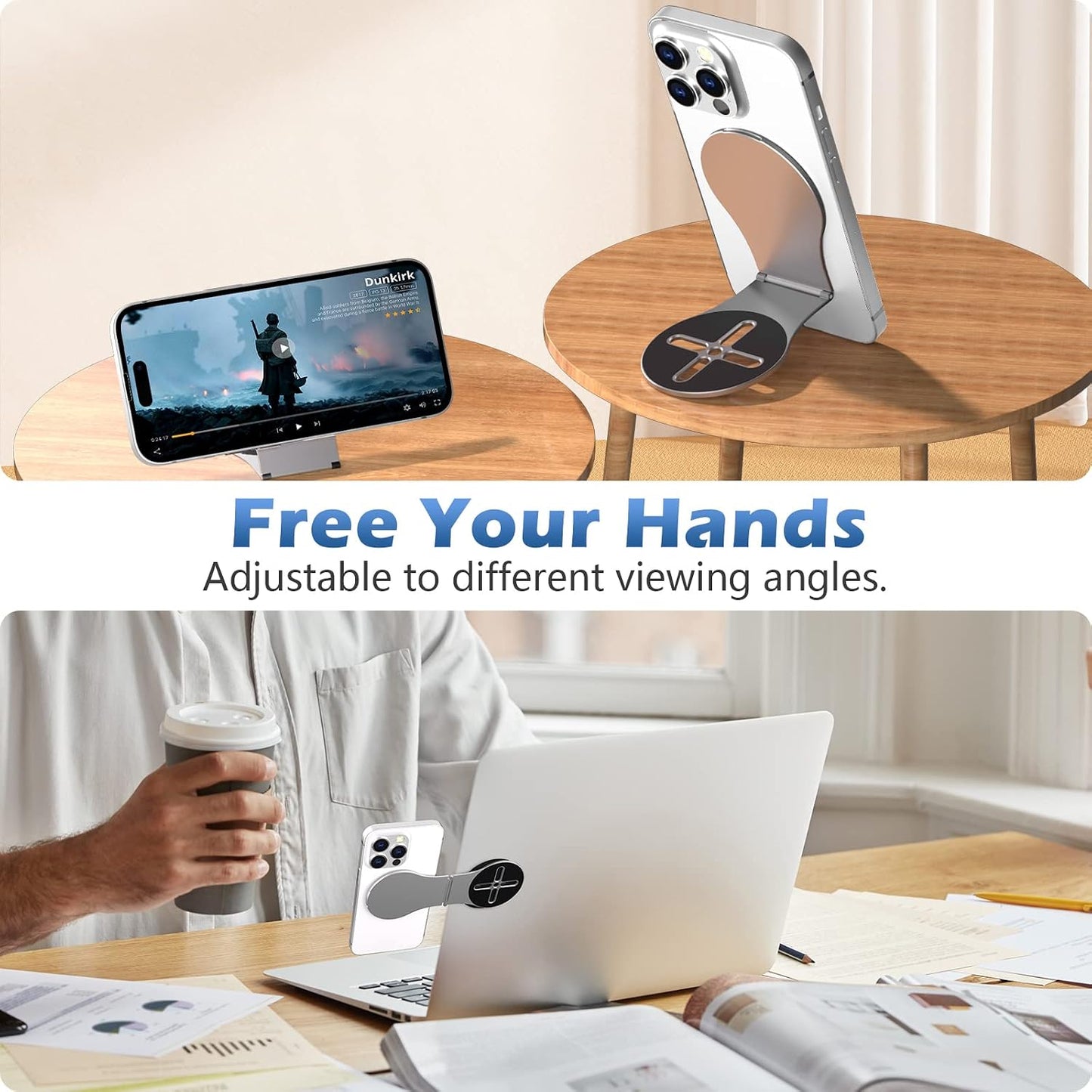 ALAFLY 1/4" Detachable Magnetic Phone Holder for Laptop & Car, Foldable Desk Phone Stand, Adjustable Magnetic Phone