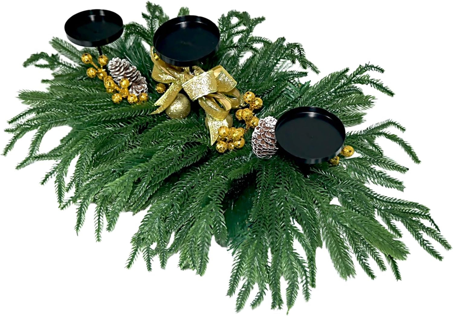 Skiennix Christmas Centerpiece - Elegant Candle Holders with Golden Glitter Bow & Pine Cones | 27.6" Table Decoration