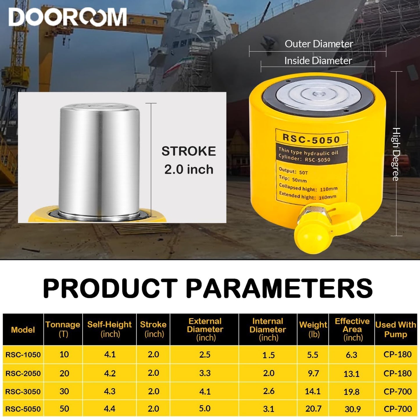 DOOROOM 50 Ton Hydraulic Cylinder Jack, 2' Stroke Hydraulic Ram, Porta Power Automatic Retracting Jack with CP-700, Yellow