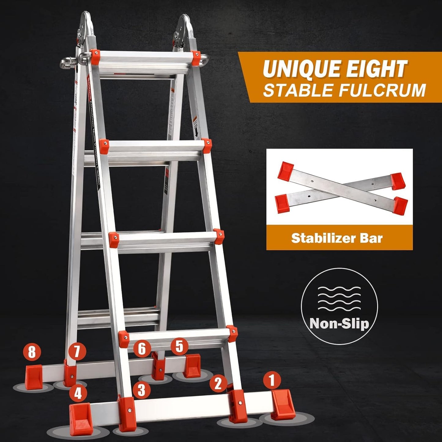 Soctone Ladder, A Frame Extension Ladder, Multi Position with Stabilizer Bar, 330 lbs Weight Rating Telescoping Ladder for Household or Outdoor Work, 14 Ft, Orange