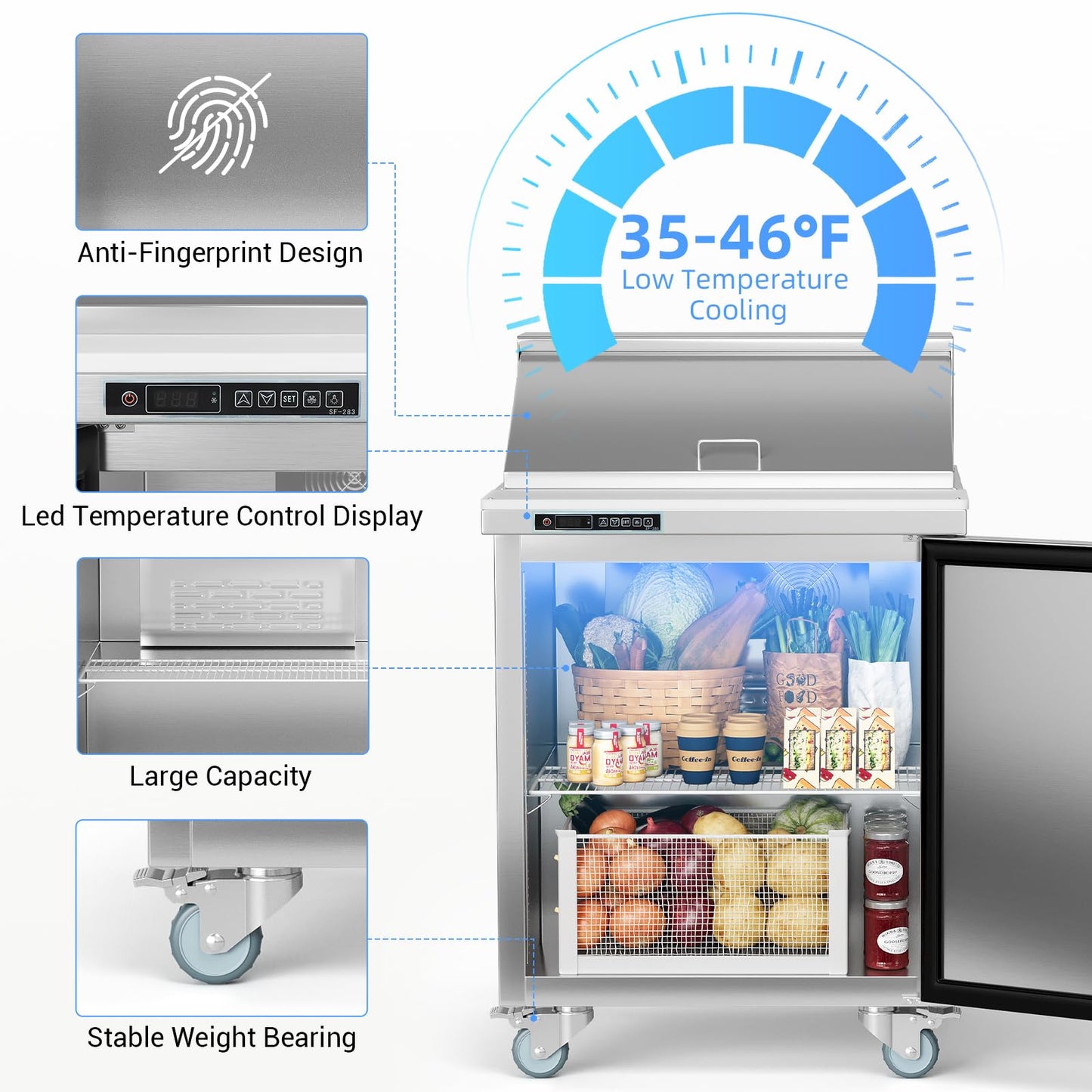 GAOMON Commercial Refrigerator, 28" Sandwich & Salad Prep Table, 7.42 Cu. Ft Stainless Steel Refrigerated Food Prep Station with 8 Pans, Cut Board, 1 Door Worktop Fridge with lock for Restaurant