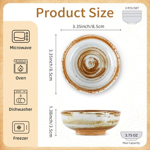 Clothmile Vintage Ceramic Sauce Dishes - 3 Inch Handmade Kiln Glazed Asian Bowls for Sushi & Snacks