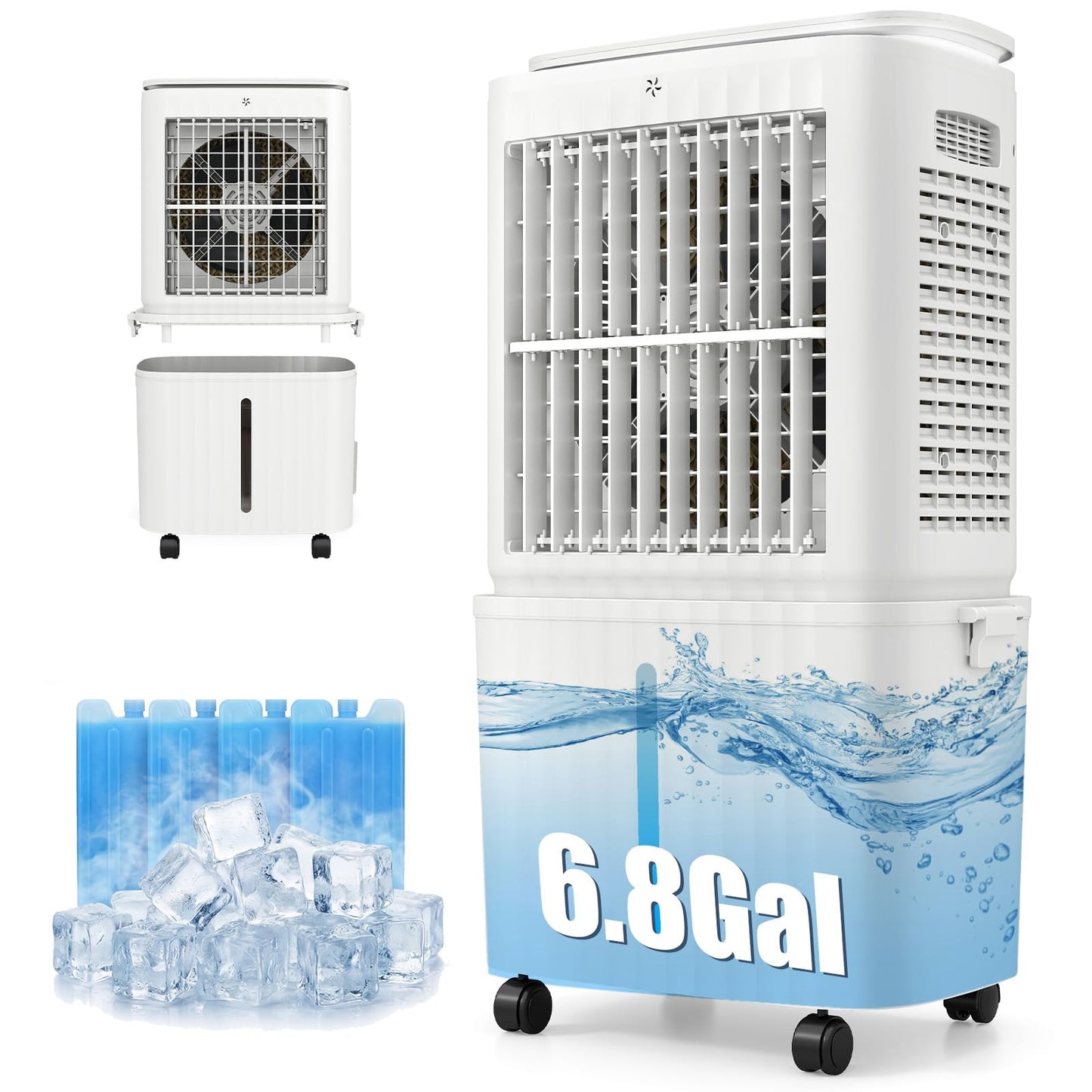 Auertech 6.8 Gal Swamp Cooler, 2500CFM Evaporative Air Cooler with Light & Detachable Tank, Portable Cooling Fan, 4-IN-1 AC Unit, Windowless Air Conditioners for Bedroom Apartment Garage