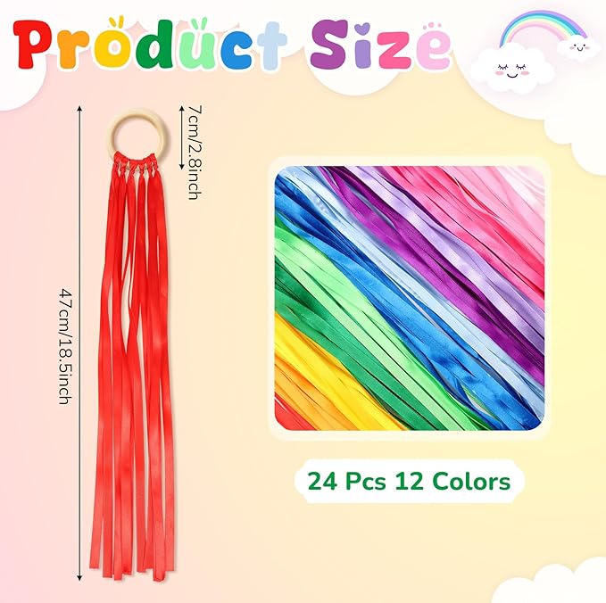 Junkin Ribbon Rings Hand Kite Waldorf Toys Dancing Wrist Ribbons Rainbow Streamers with Wood Ring Sensory Learning Educational Toy for Playroom Dancing Birthday Party Gift(Solid Color,24 Pcs)