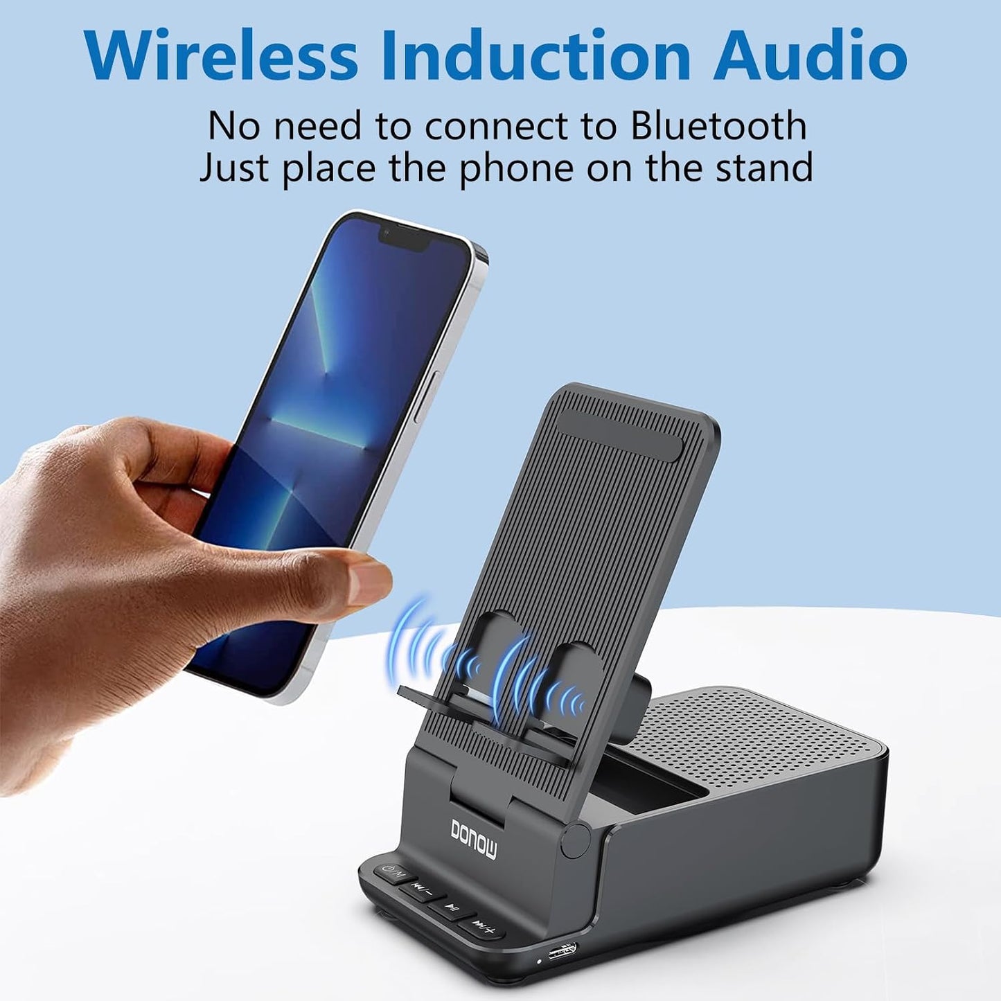 DONOW Wireless Induction Bluetooth Speaker with Cell Phone Stand, HD Surround Stereo Sound Foldable Phone Holder