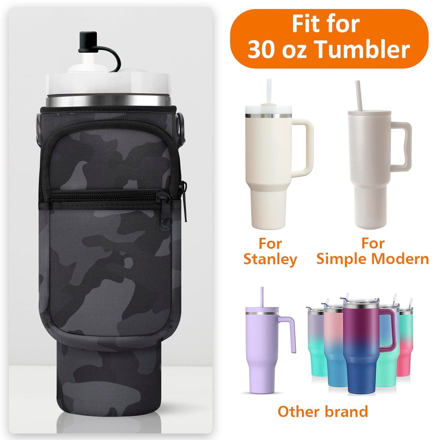 AceTreker 30 40 oz Water Bottle Holder for Stanley Tumbler with Handle, Neoprene Vacuum Travel Coffee Mug Carrier Pouch with Paracord Handle, 2 Pockets, Straw Cover for Car Gym Work-Black Camo