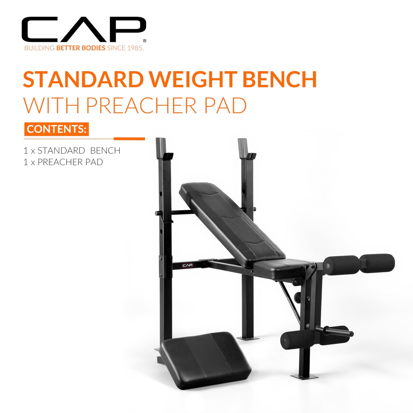 CAP Standard Weight Bench with Preacher Pad | Adjustable Bench Press Station with 4 Backrest Positions, Leg Developer, Steel Frame, 500 LB Capacity | Home Gym Strength Training Bench