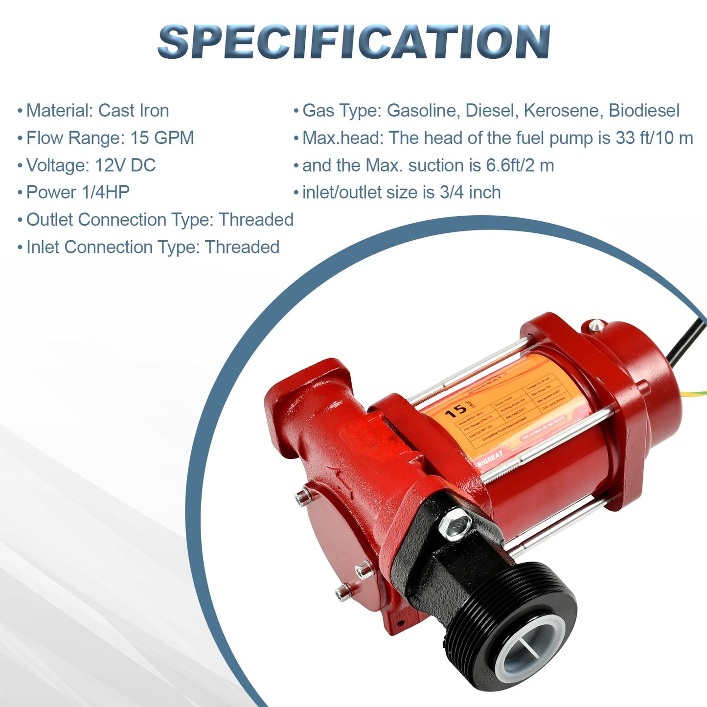 BIGREAT 15GPM 12V DC Fuel Transfer Pump with 13 Feet Discharge Hose, Automatic Nozzle,Cast Iron Heavy Duty Premium Transfer Pump Kit For Gasoline, Diesel, Kerosene, Ethanol & Methanol Blends