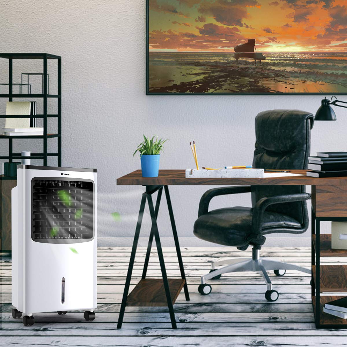 COSTWAY Evaporative Cooler, Portable Cooling Fan with Remote Control, 3-Mode, 3-Speed and 7.5H Timer Function, Include Ice Crystal Boxes, Water Tank and Casters, Bladeless Air Cooler