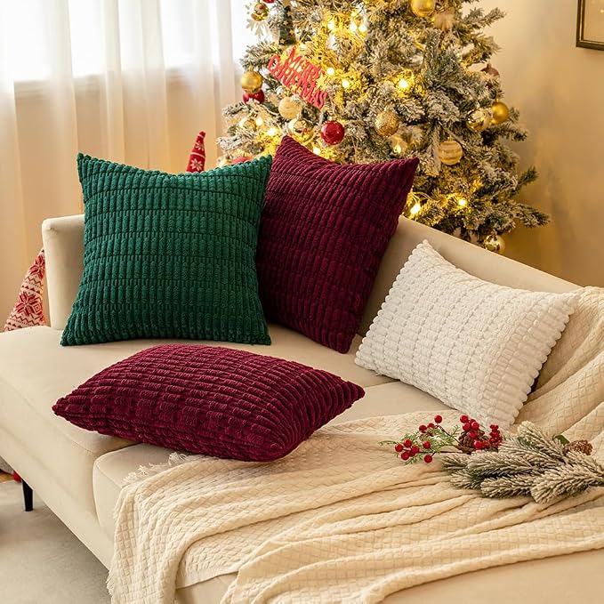 MIULEE Pack of 2 Corduroy Decorative Throw Pillow Covers 16x16 Inch Soft Boho Striped Pillow Covers Modern Farmhouse Home Decor for Sofa Living Room Couch Bed Pure White