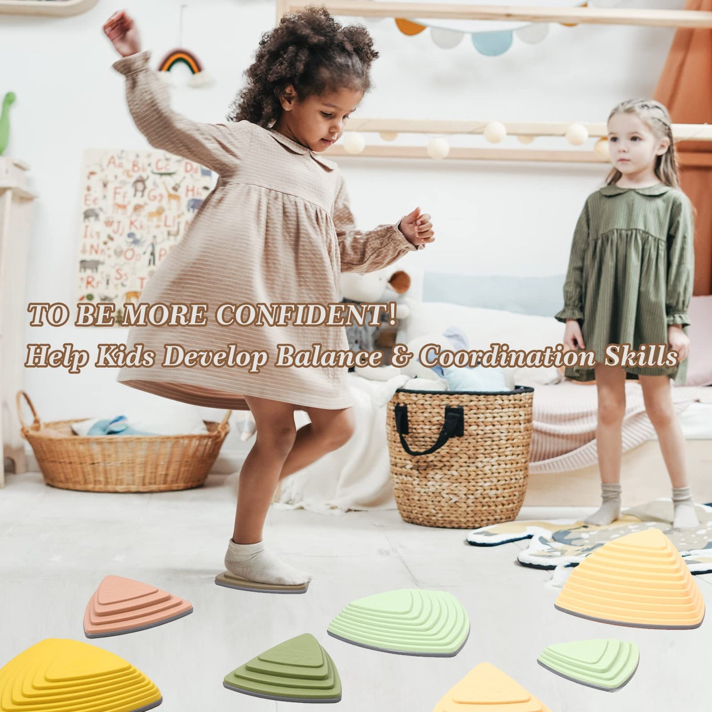makarci Stepping Stones for Kids 12pcs Obstacle Courses Play Indoor Outdoor, Full Rubber Rim Plastic Hilltop for Kids Balance and Integration Improvement Age 3 4 5 6 7 8 +（Forest）