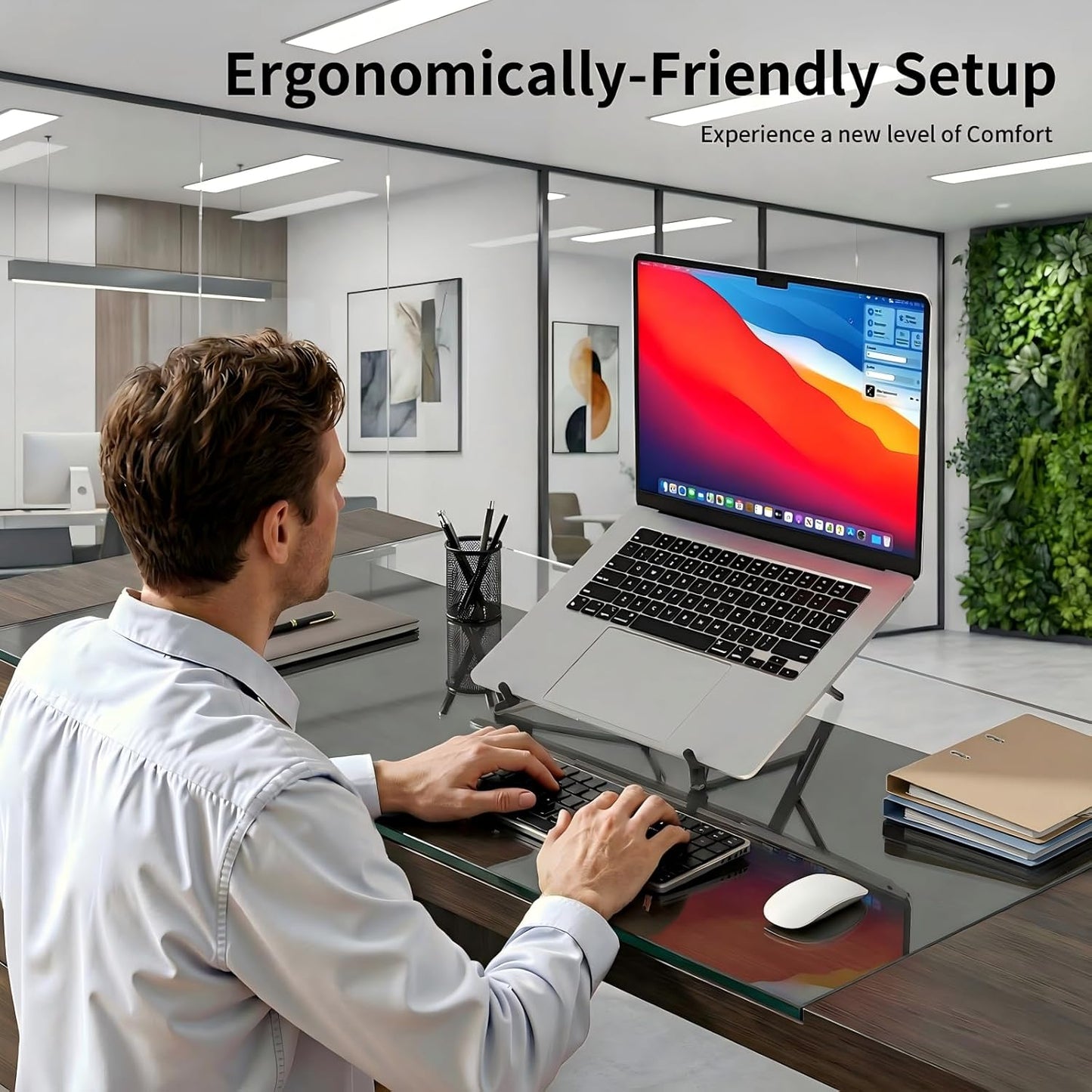 makecatch Adjustable Laptop Stand for Desk with Magnetic Phone Holder, MagSafe Compatible Portable Foldable Computer