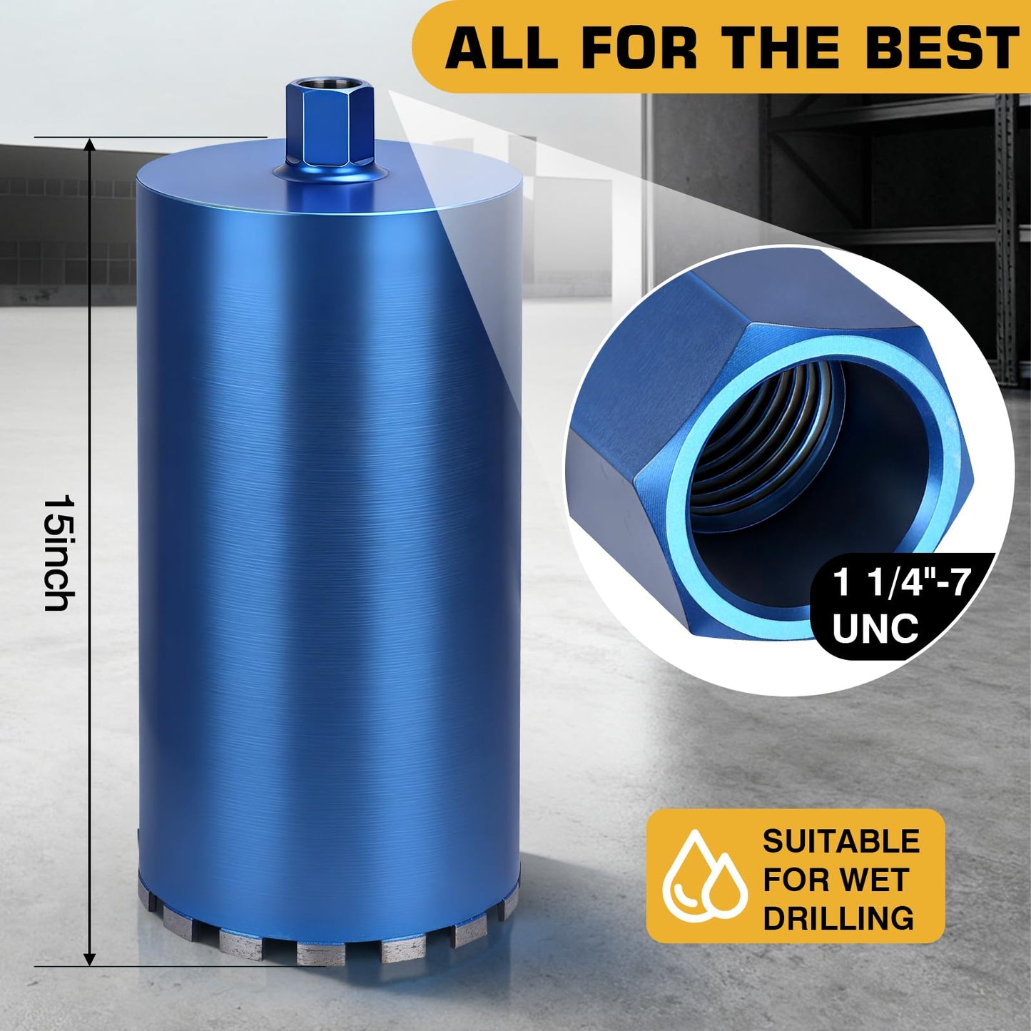 8" Wet Diamond Core Drill Bits, 15" Drilling Depth, 45% Cobalt HRC 70 Concrete Core Drill Bit, 1-1/4-7" Thread, Laser-Welded Segments, Core Bits for Concrete, Masonry, Brick, Mortar