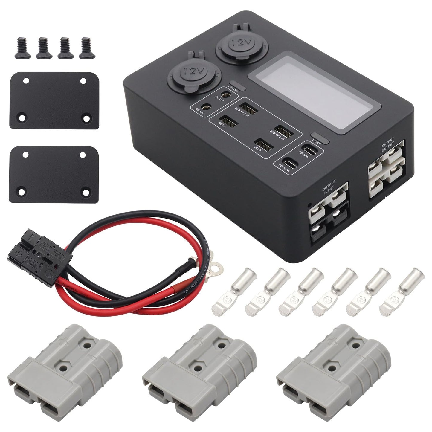 DC12V Mini Power Box, All in one Solution USB Charger with 4 Anderson Ports, 6 USB Ports and 2x12V Sockets Portable Power Distribution for Camper Van Motorhome