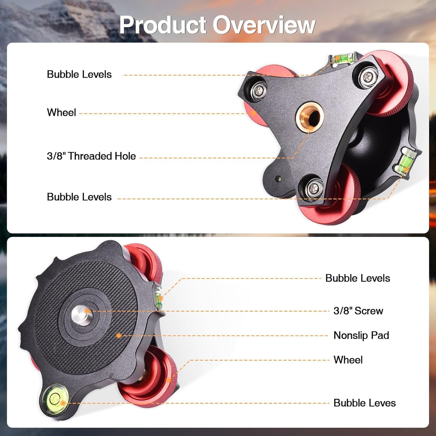 yqlbgprj Leveler,3/8Thread,+/-5Precise 3axis Head,LP642026 Tripod Leveling Base,Camera Head Angle