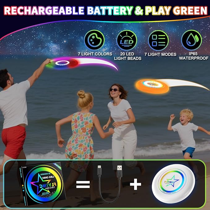 Pro Glow in the Dark Flying Disc for Kids Adults, 7 Lighting Smart Modes Flying Ring Toy for Outdoor Game, Camping Essentials for Kids/Teens/Boy/Girl, Safe, Waterproof, 175g, Lawn, Yard, Beach Toy