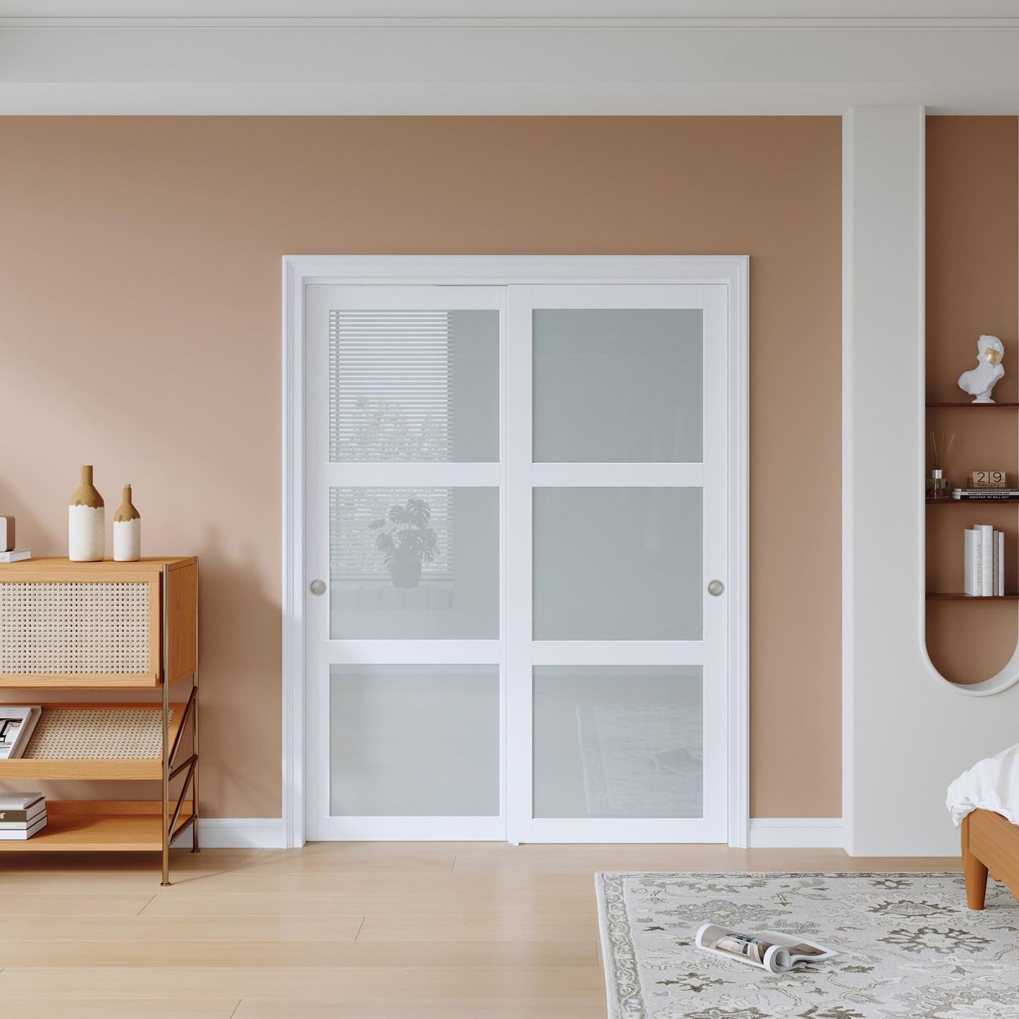 EaseLife 60x80 in (Double 31in) Bypass Sliding Closet Door for Bedroom, 3-Lite Frosted Glass Sliding Door with Hardware Track Kit & Floor Guide, Preassembled Door Panel, MDF White Pocket Doors