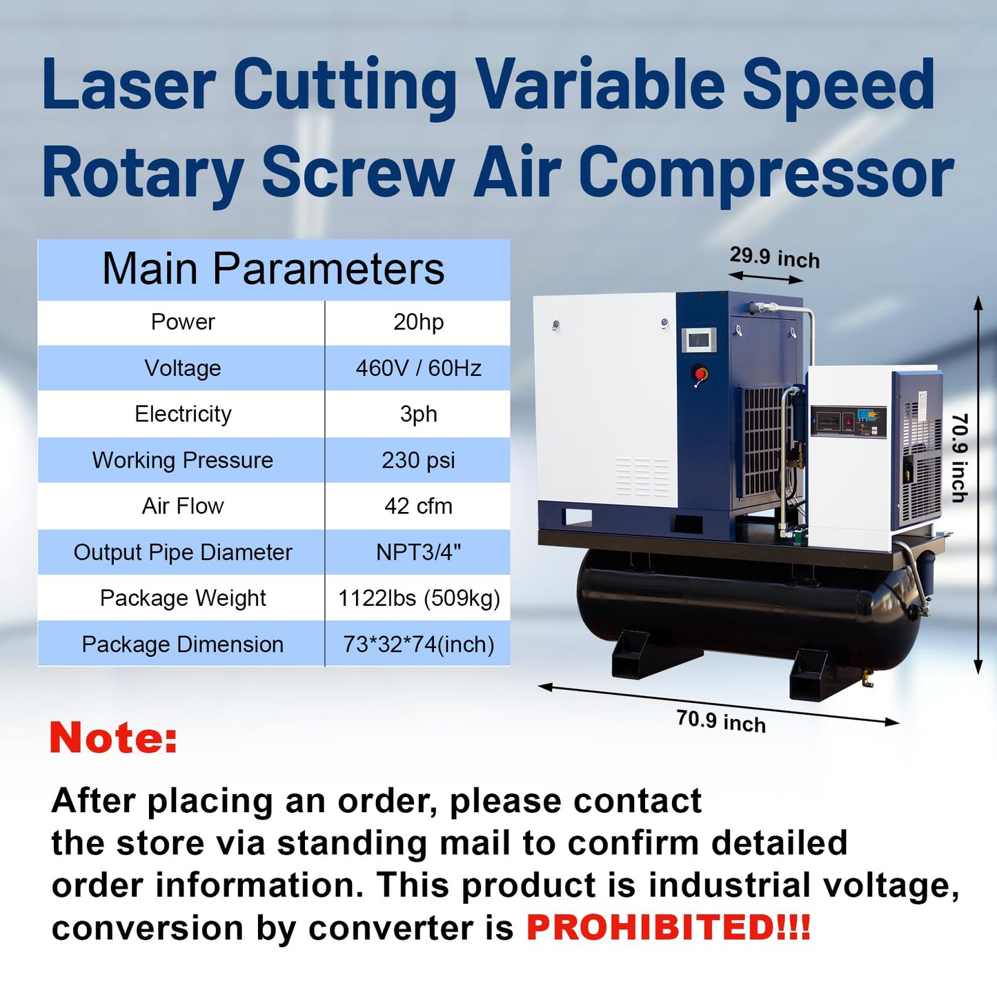 DAVV 20HP/15KW VSD Permanent Magnet Rotary Screw Air Compressor for Laser Cutting – 230PSI / 42CFM, 80Gal ASME Tank, Refrigerated Air Dryer & Filters, 460V 3-Phase 60Hz