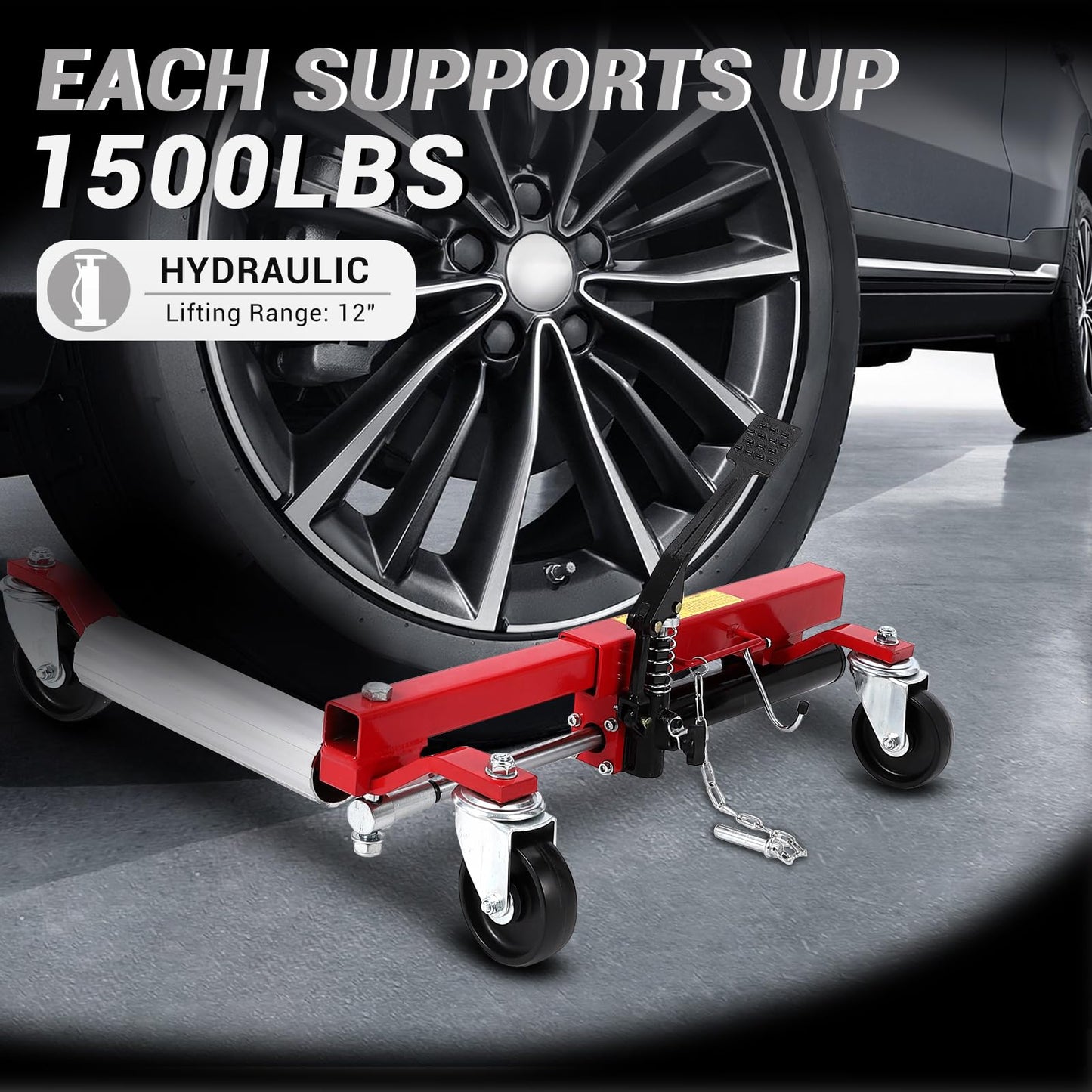 Car Dolly Set of 2, 1500 LBS Capacity Wheel Dolly with Hydraulic Tire Jack & Aluminium Twin Rollers, Heavy Duty Rollers with Foot Pedal for Tire Auto Repair Moving