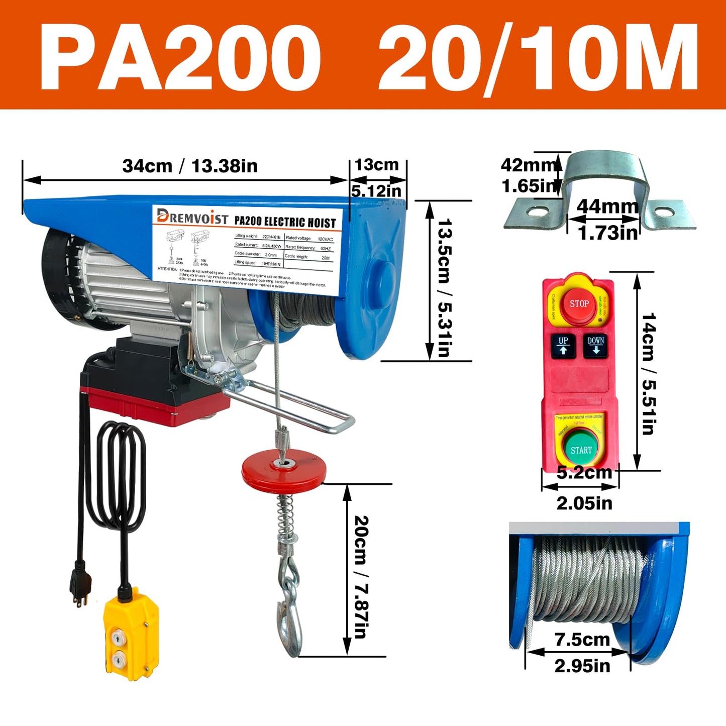 Dremvoist Electric Hoist with Remote Control,440lbs Lift Electric Hoist 110 Volt Wireless/Wired 2 in 1,Electric Hoist Winch with 33/66FT Lifting Height,Factories,Garage,Construction Site,Warehouses