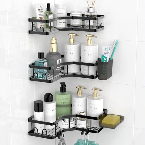 AKTECKE Corner Shower Caddy | Stainless Steel Adhesive Organizer - Rustproof 3-Pack No Drilling Shelf
