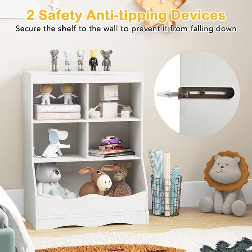 HONEY JOY Kids Toy Storage Organizer with Bookcase, 4-Cubby Organization Storage Cabinet w/Display Shelf, Wooden Toy Storage Unit for Playroom, Nursery Daycare(White)
