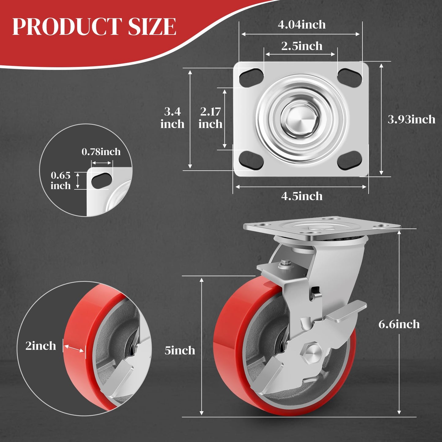 W B D WEIBIDA 5 Inch Industrial Casters, Heavy Duty Casters 4000 LBS, Low Noise Polyurethane Wheels on Steel Hub Swivel Plate Caster Wheels Shelving, Gantry Crane, Platform Truck(4 Brake)
