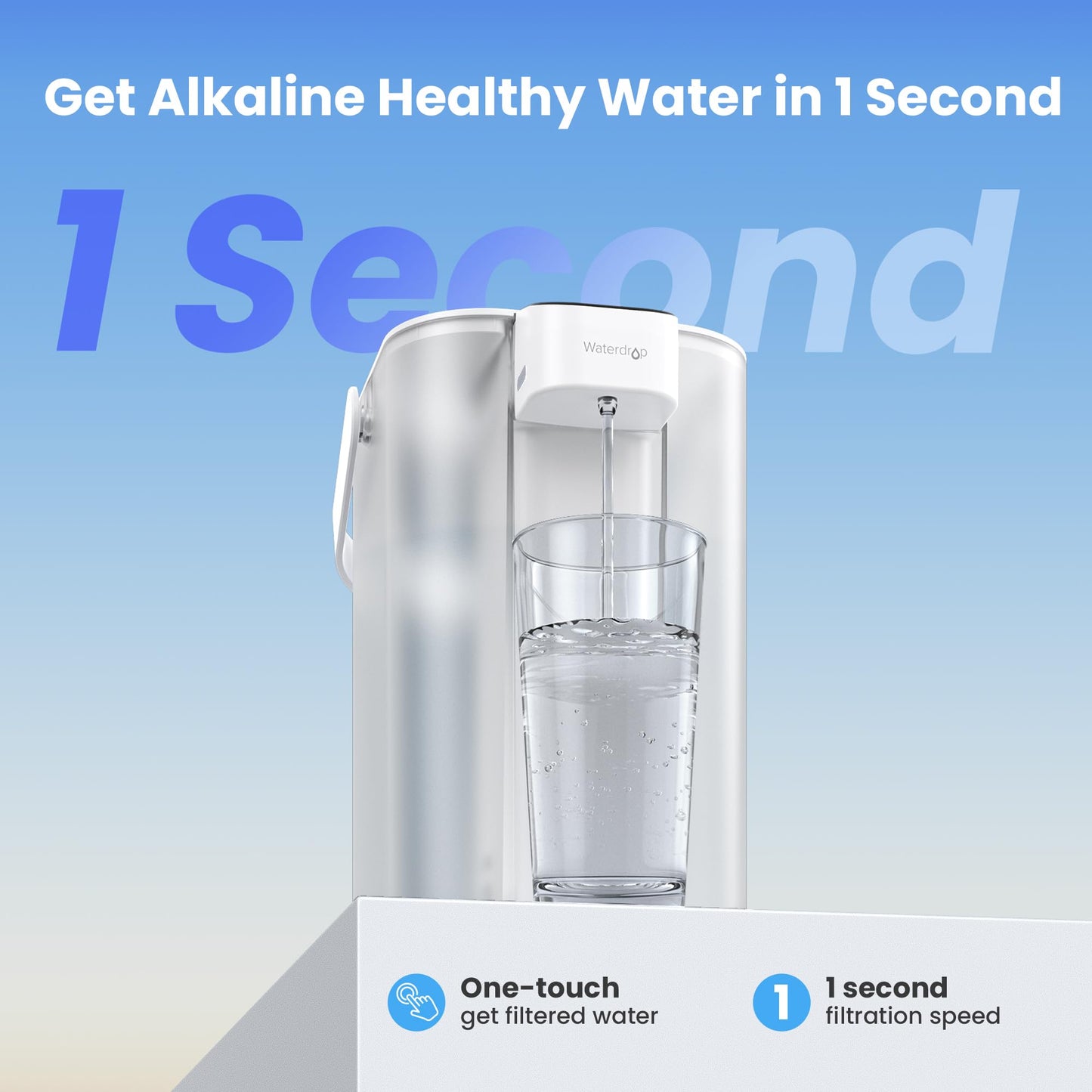 Waterdrop Alkaline Electric Water Filter Pitcher, Rechargeable Water Dispenser, Instant 200-Gallon 15-Cup Countertop Purifier, Reduce PFOA/PFOS, Chlorine, Lead, White, with 1 Filter