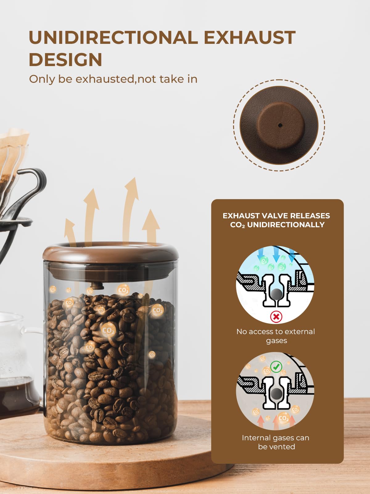 Tourdeus Ground Coffee Glass Container Airtight 10 oz – Pop Top Ground Coffee Canister with CO₂ Valve, 0.63lb Coffee Bean Container, UV Resistant