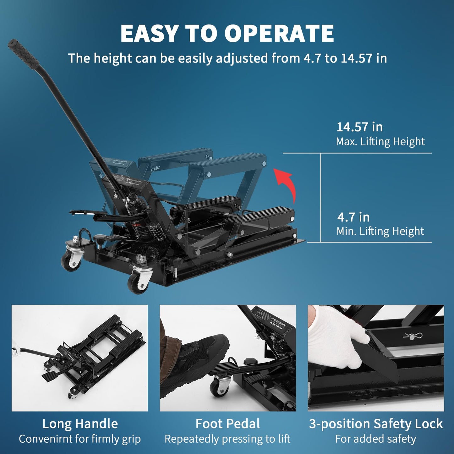 Hydraulic Motorcycle Lift Jack, 1500 LBS Heavy Duty Foot-Operated ATV Lift Stand, Portable Motorcycle & Dirt Bike Jack with 4 Wheels & Long Handle for Garage Maintenance, Black