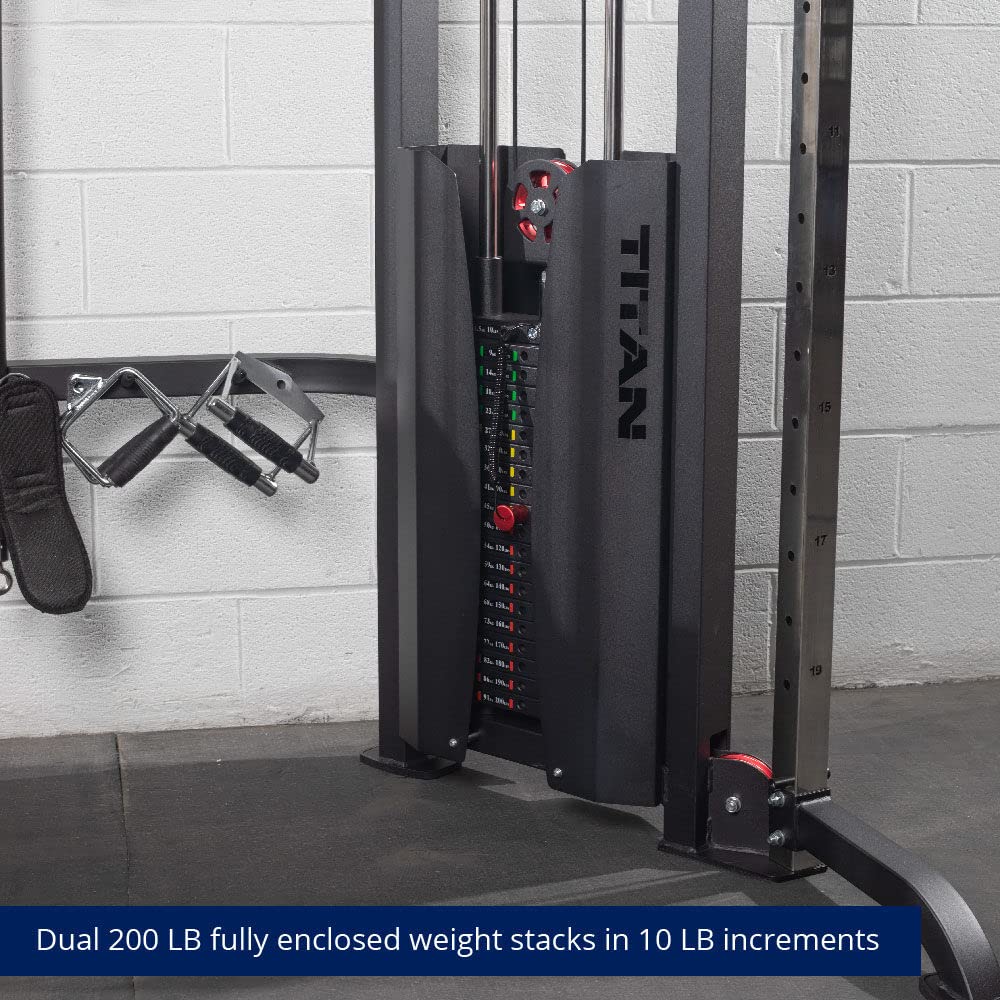 Titan Fitness Functional Trainer, Cable Crossover Machine with 200 LB Double Weight Stack, 2:1 Cable Pull Station, Home Gym Workout Weight Training Machine with Attachments