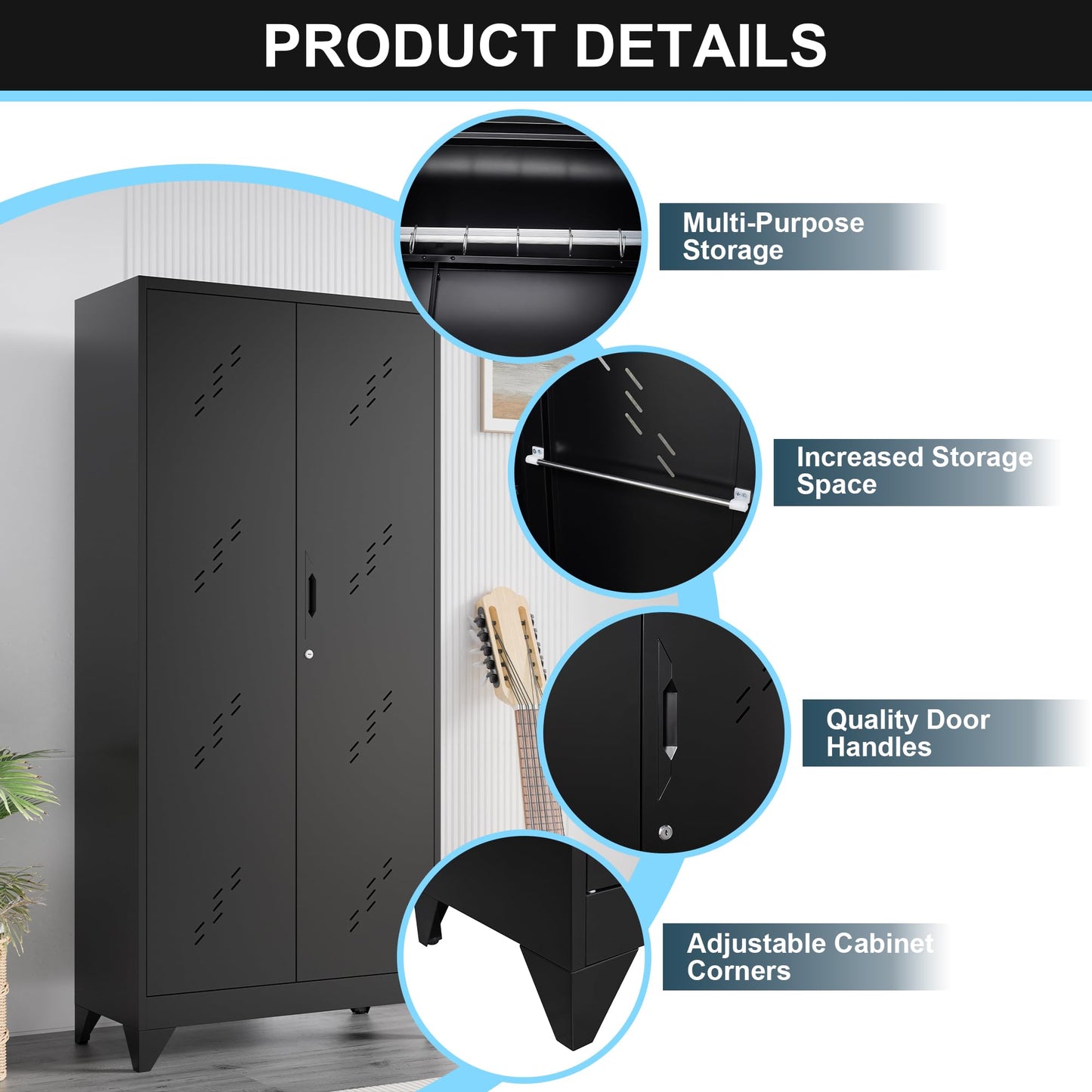LyAosdFu Metal Storage Cabinet, 75" Cleaning Tool Cabinet with Locking Door, Tall Storage Sheds Tool Organizer, Large Broom Cabinet for Bathroom, Laundry Room, Kitchen, Pantry, and Humid Environments