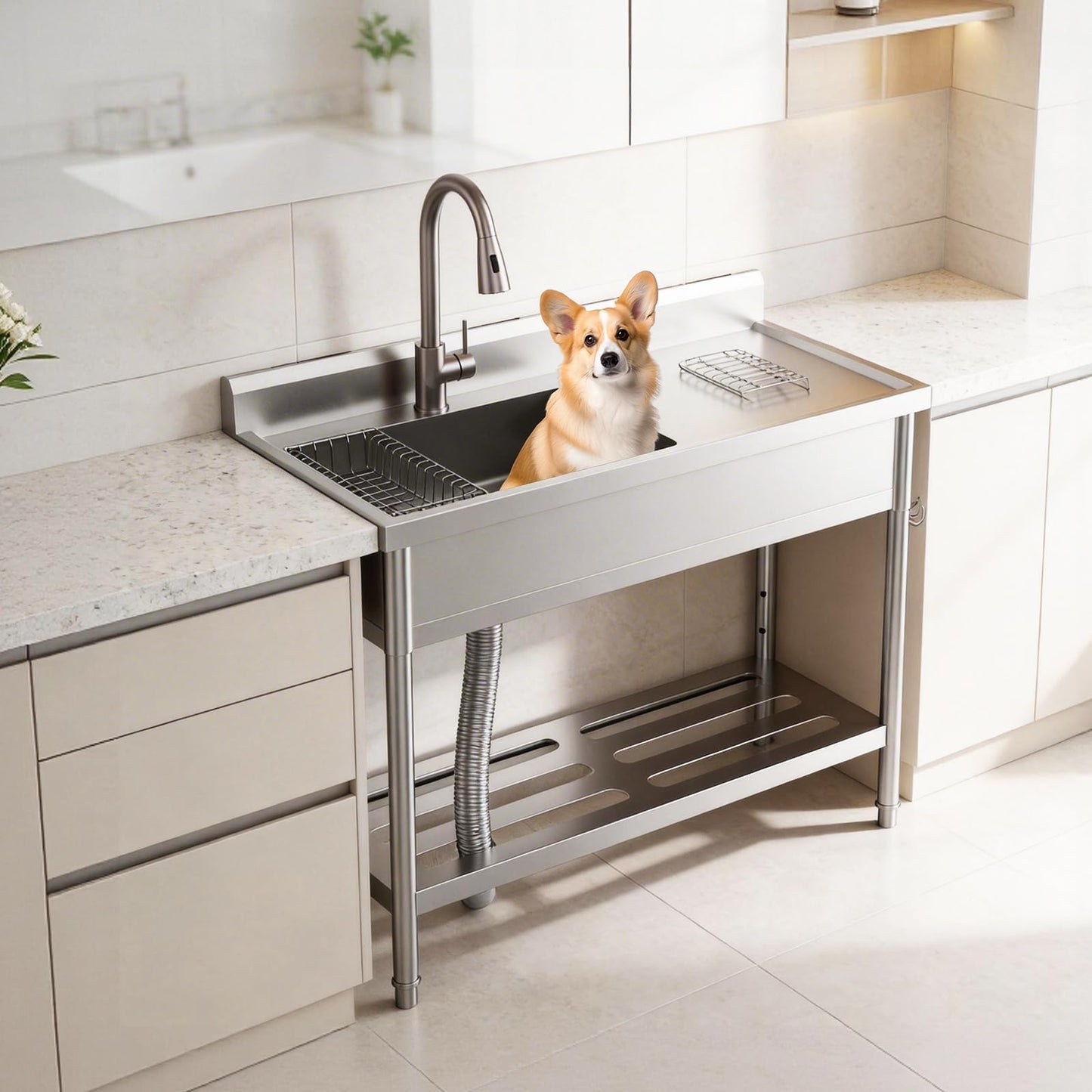 Garvee Gray Utility Sink 47" x 22" x 37", Freestanding Stainless Steel Single Bowl Laundry Sink with Pull Down Faucet, Large Workbench Top for Laundry Room, Garage, Mudroom, Modern Metallic Finish