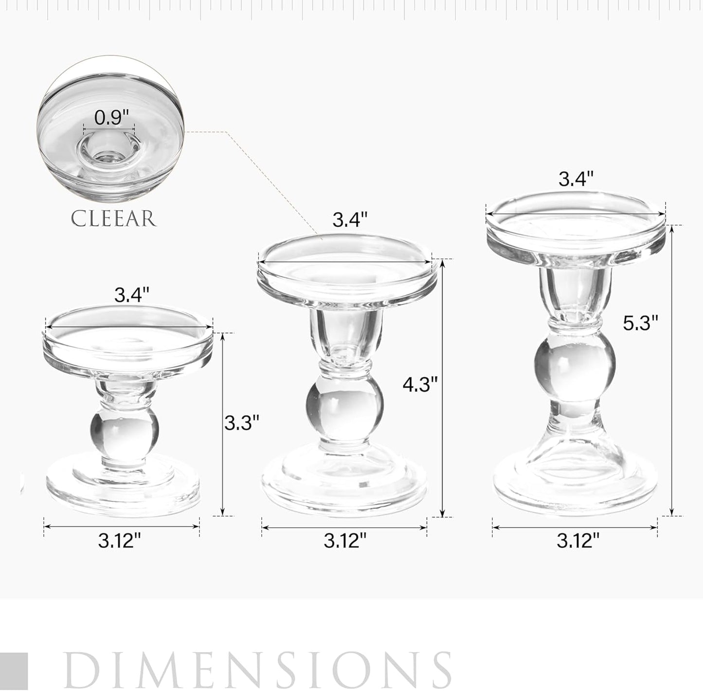 Skiennix Clear Candle Holder Set - 3 Pcs Glass Pillar Holders for Taper Candles | Elegant Design