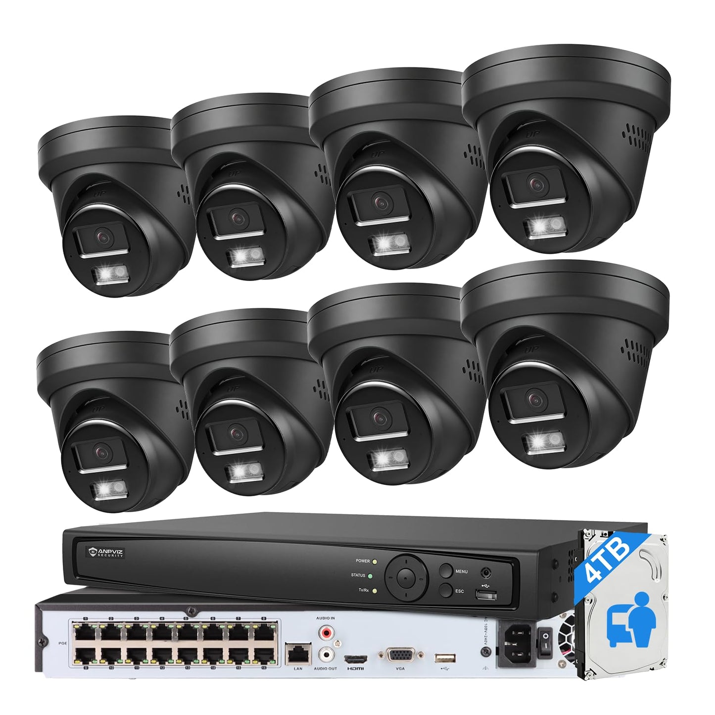 《Strobe Sound Light Alarm & 2-Way Audio》Anpviz 16CH 4K PoE Security Camera System, 8X 8MP Wired IP Turret Cameras Outdoor Black, 12MP NVR with 4TB HDD, True Plug & Play for Business Home(H Series)