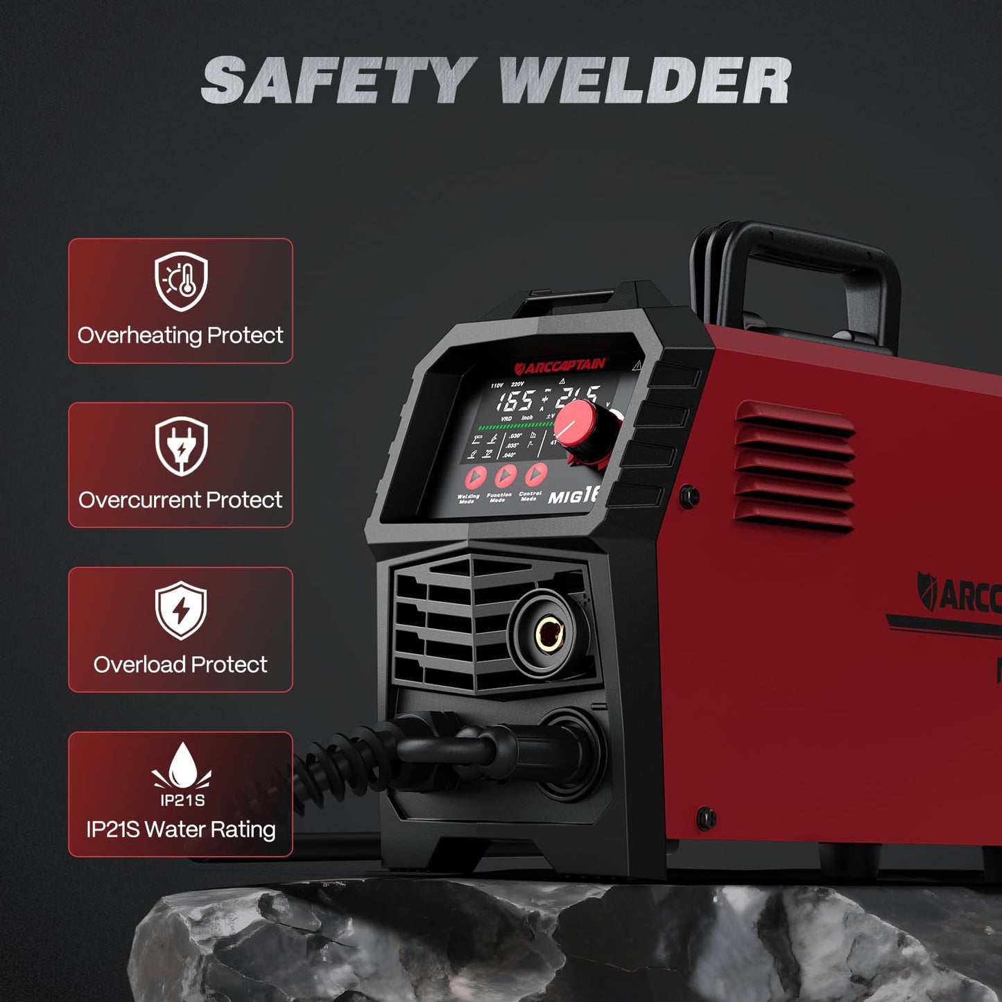 ARCCAPTAIN 165A MIG Welder 110V/220V [Large LED Display] 4 in 1 Gasless/Gas MIG/Lift TIG/Stick Welding Machine Multiprocess Welder Machine, IGBT Inverter Welder with Synergy, 2T/4T
