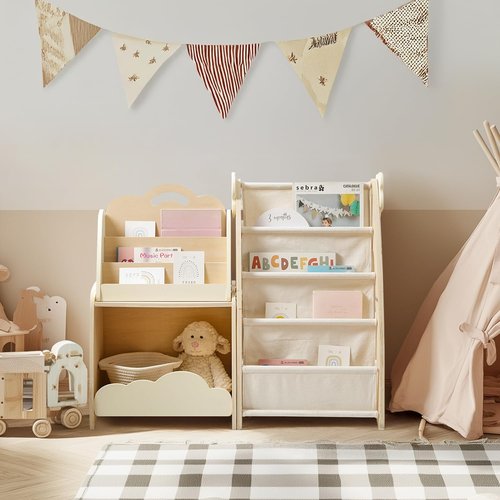 Kids Bookshelf with Storage, 3-Piece Modular Wooden Bookcase Organizer for Nursery, Bedroom, Playroom, Easy Assembly, Corner Shelf for Books & Toys, Natural Wood Design (B)