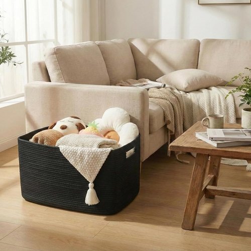 JMvicyroam Woven Blanket Storage Basket - 65L Large Decorative Bin for Toys & Clothes | Black with Handles