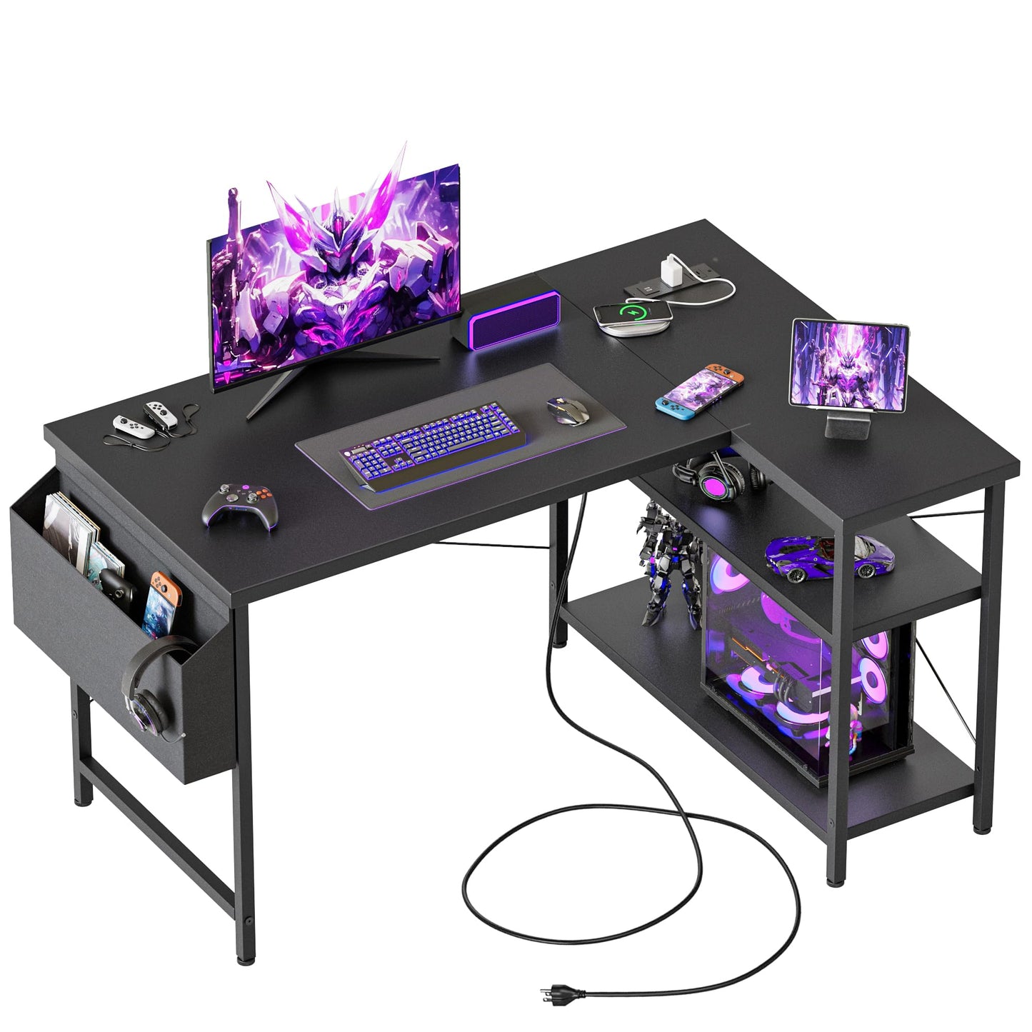 Mericonia Small L Shaped Computer Desk with Power Outlets, Reversible Gaming Desk with Storage Shelves, Corner Gamer Desk Table, Study Writing Table