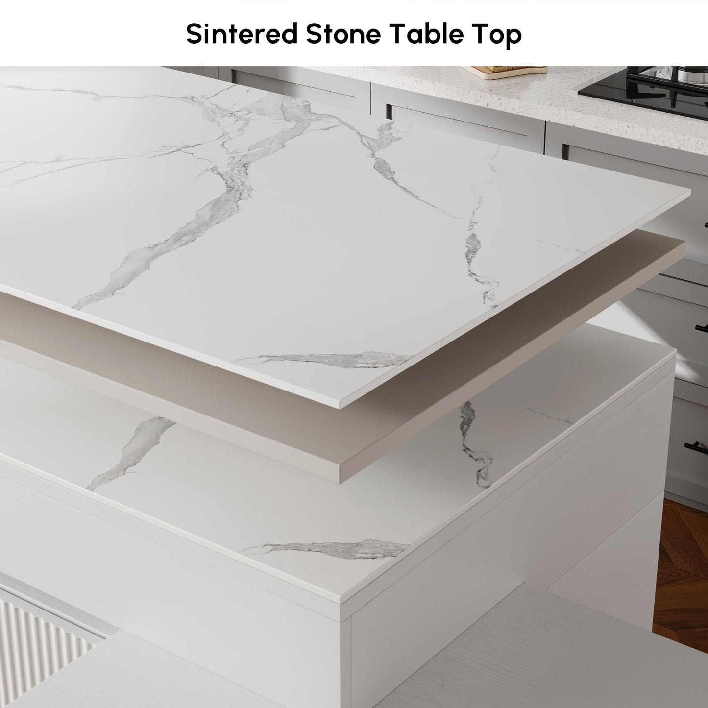 homary Extendable Kitchen Island, 81"-106" Kitchen Island Cabinet with Sintered Stone Top, Storage Drawers & Doors, White, Right-Hand Facing