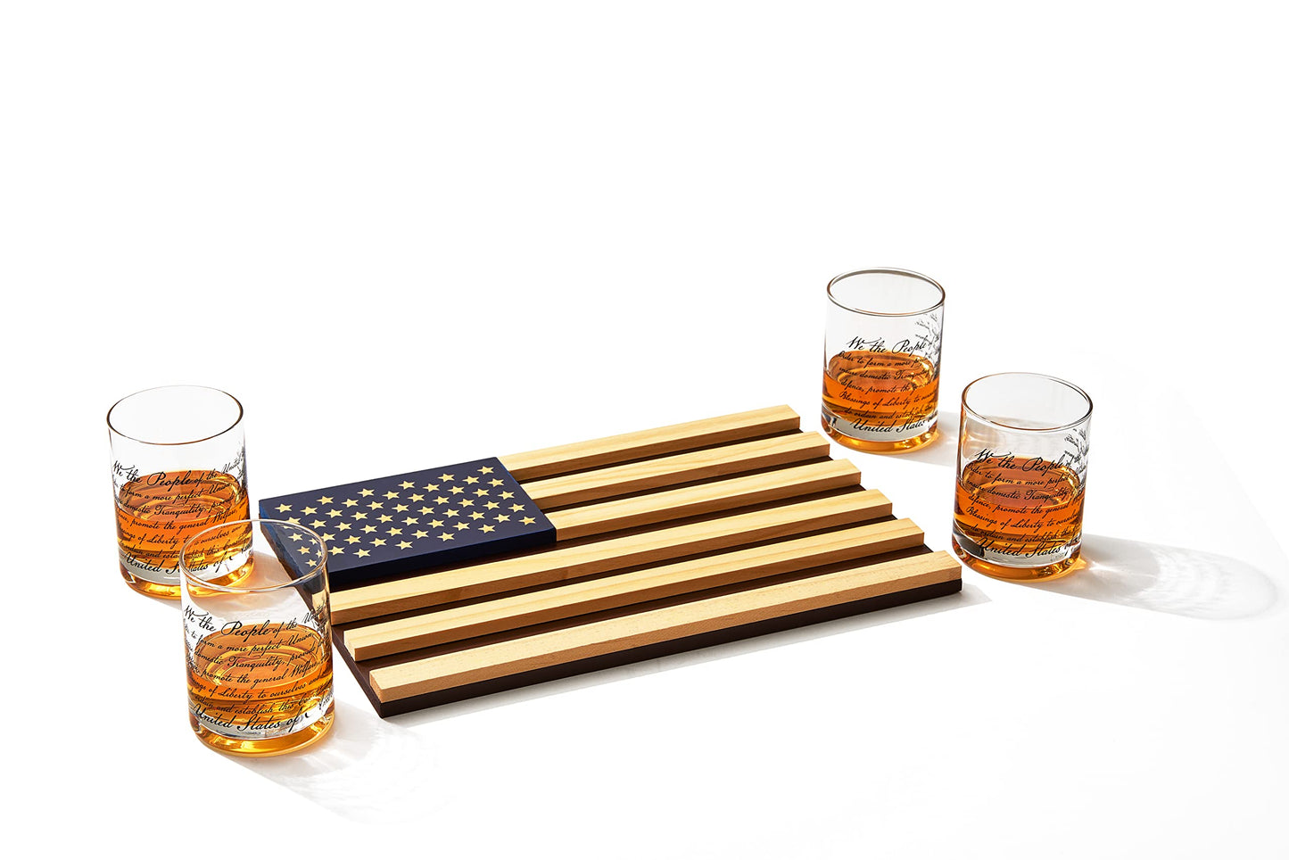 Whiskey Glasses – United States Constitution - Wood American Flag Tray & Set of 4 We The People 10oz America Glassware, Old Fashioned Rocks Glass, Freedom of Speech Law Gift Set US Patriotic