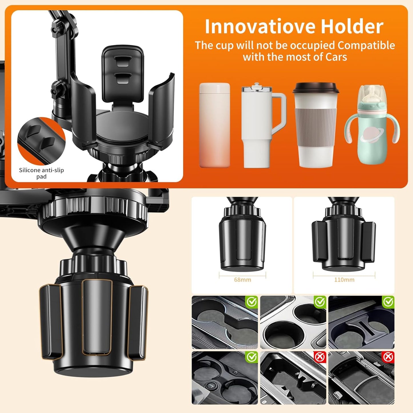 bokilino 2 1 360Rotation 4-7 5.31'' Phone Holders for Your Car, in Cup Holder Phone Mount with Expander, Secure Hold